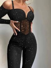 Women's Sparkly Floral Print Lace Panel Off Shoulder Long Sleeve Jumpsuit